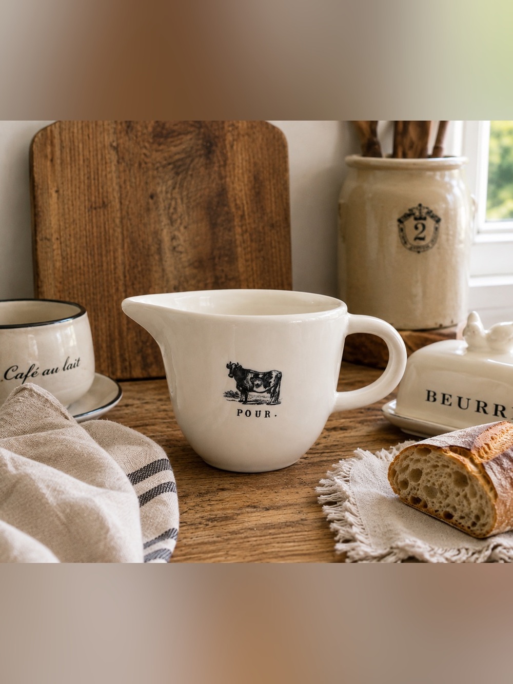 Farmhouse Creamer Pitcher – “POUR” Cow Design Rustic Kitchen Deco